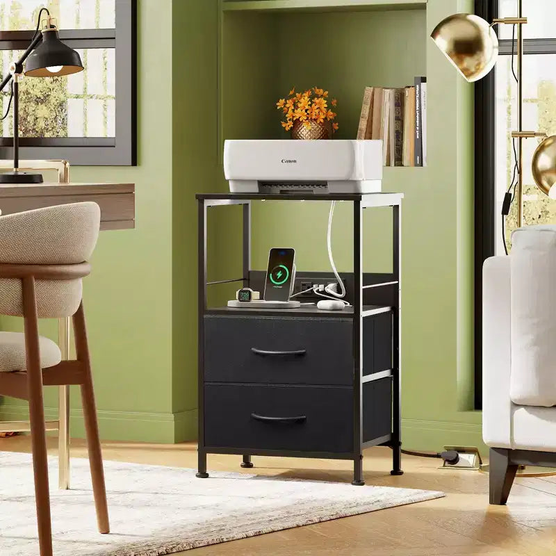 NightStand with Charging Station, LED Bedside Table with 2 Fabric Drawers, Storage Shelf, 3 USB Ports and 2 Outlets