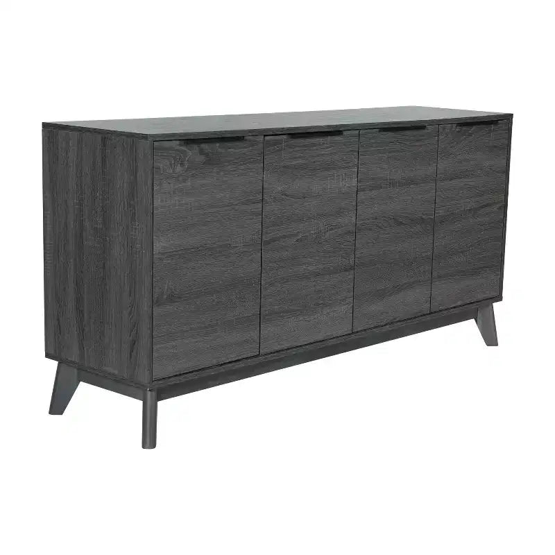 Buffet moderne du milieu du siècle à quatre portes Merrick Lane, meuble TV avec étagères