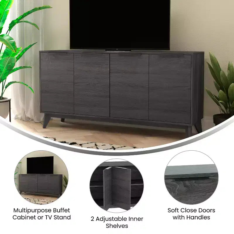 Buffet moderne du milieu du siècle à quatre portes Merrick Lane, meuble TV avec étagères
