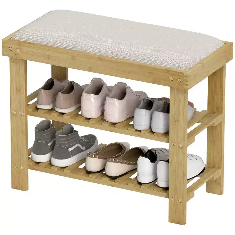 Banc à chaussures HOMCOM à 3 niveaux en bambou, banc d'entrée avec rangement et coussin, organisateur de chaussures pour entrée, couloir