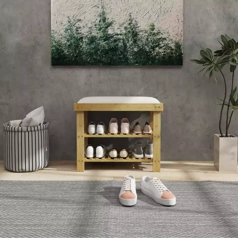 Banc à chaussures HOMCOM à 3 niveaux en bambou, banc d'entrée avec rangement et coussin, organisateur de chaussures pour entrée, couloir