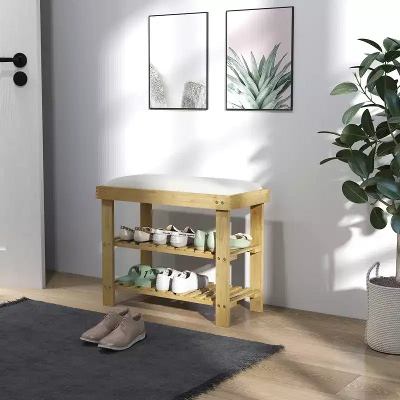 Banc à chaussures HOMCOM à 3 niveaux en bambou, banc d'entrée avec rangement et coussin, organisateur de chaussures pour entrée, couloir