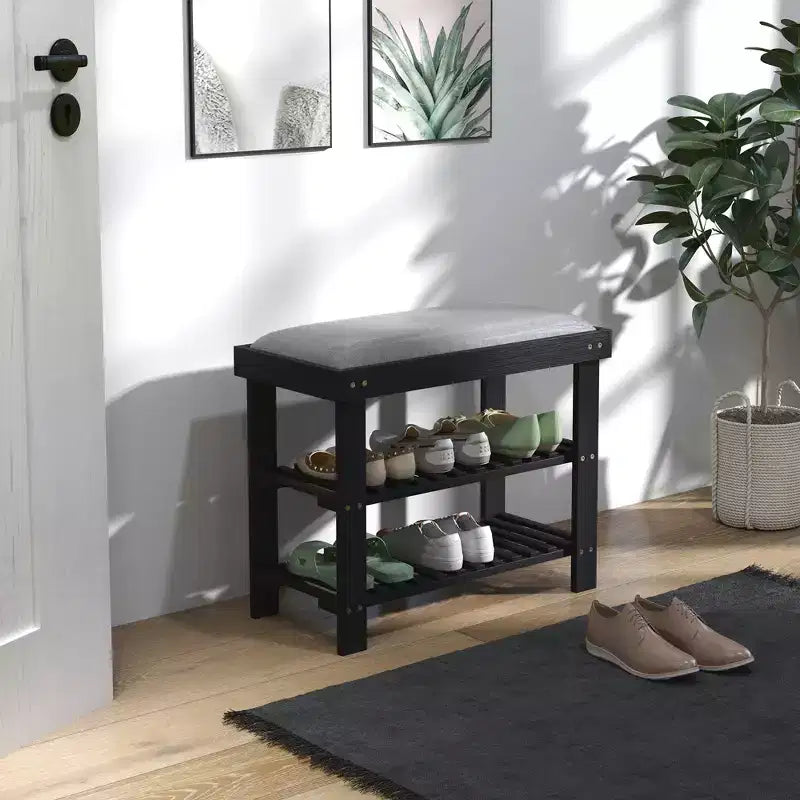 Banc à chaussures HOMCOM à 3 niveaux en bambou, banc d'entrée avec rangement et coussin, organisateur de chaussures pour entrée, couloir
