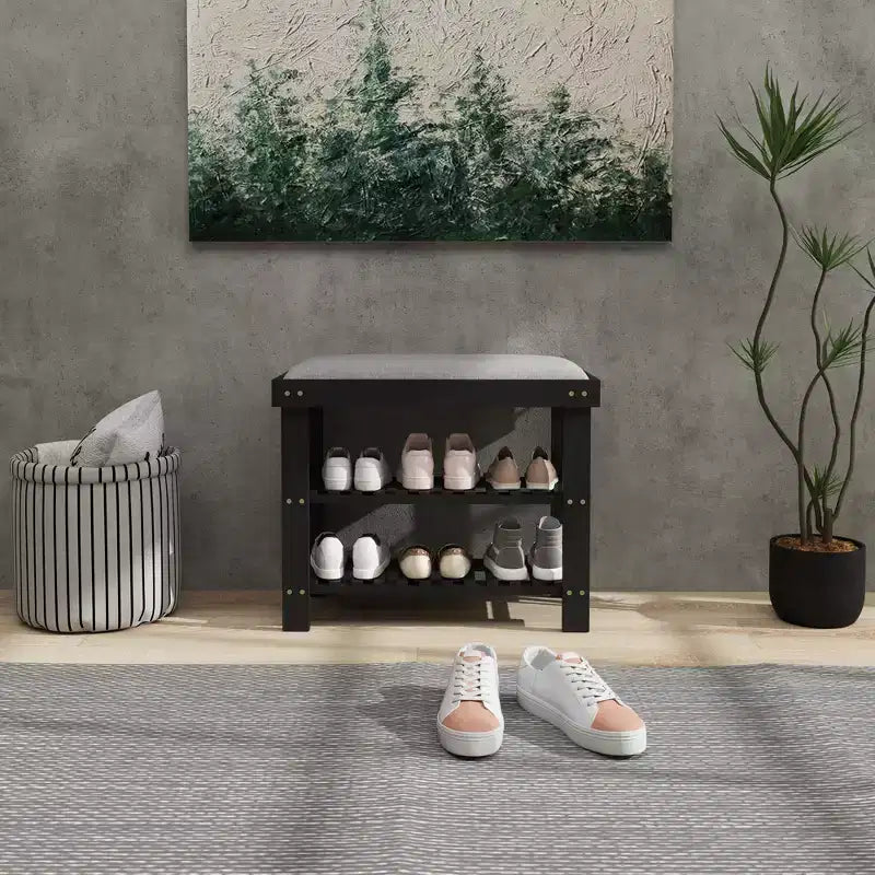 Banc à chaussures HOMCOM à 3 niveaux en bambou, banc d'entrée avec rangement et coussin, organisateur de chaussures pour entrée, couloir