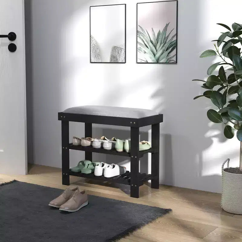 Banc à chaussures HOMCOM à 3 niveaux en bambou, banc d'entrée avec rangement et coussin, organisateur de chaussures pour entrée, couloir