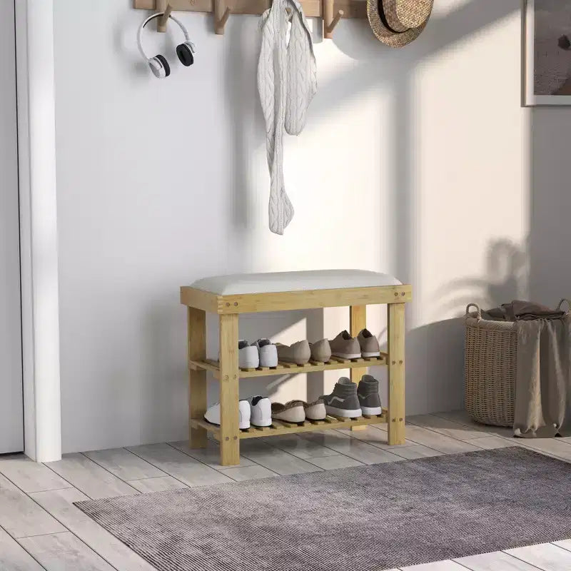 Banc à chaussures HOMCOM à 3 niveaux en bambou, banc d'entrée avec rangement et coussin, organisateur de chaussures pour entrée, couloir