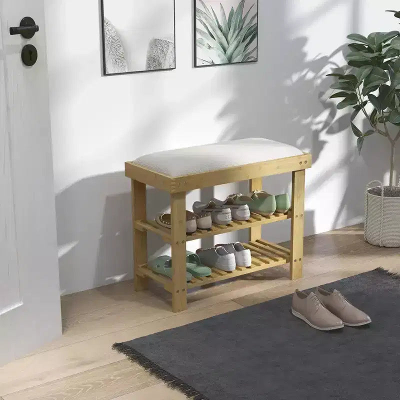 Banc à chaussures HOMCOM à 3 niveaux en bambou, banc d'entrée avec rangement et coussin, organisateur de chaussures pour entrée, couloir
