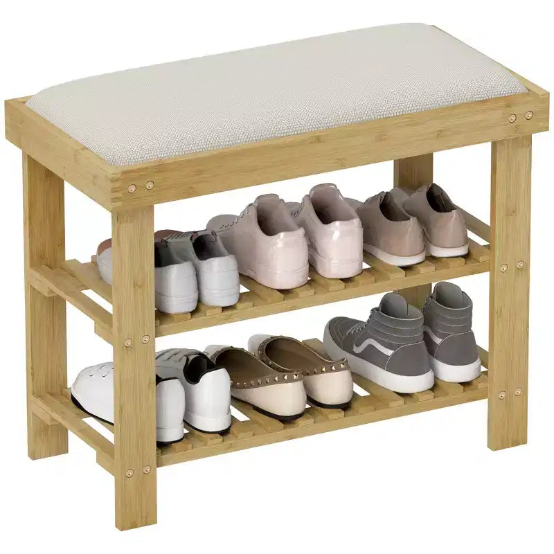 Banc à chaussures HOMCOM à 3 niveaux en bambou, banc d'entrée avec rangement et coussin, organisateur de chaussures pour entrée, couloir
