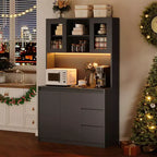 Whizmax Kitchen Pantry Cabinet with LED Lights and Charging Station, Tall Storage Cabinet with Countertop, Pantry with Drawer and Glass Doors