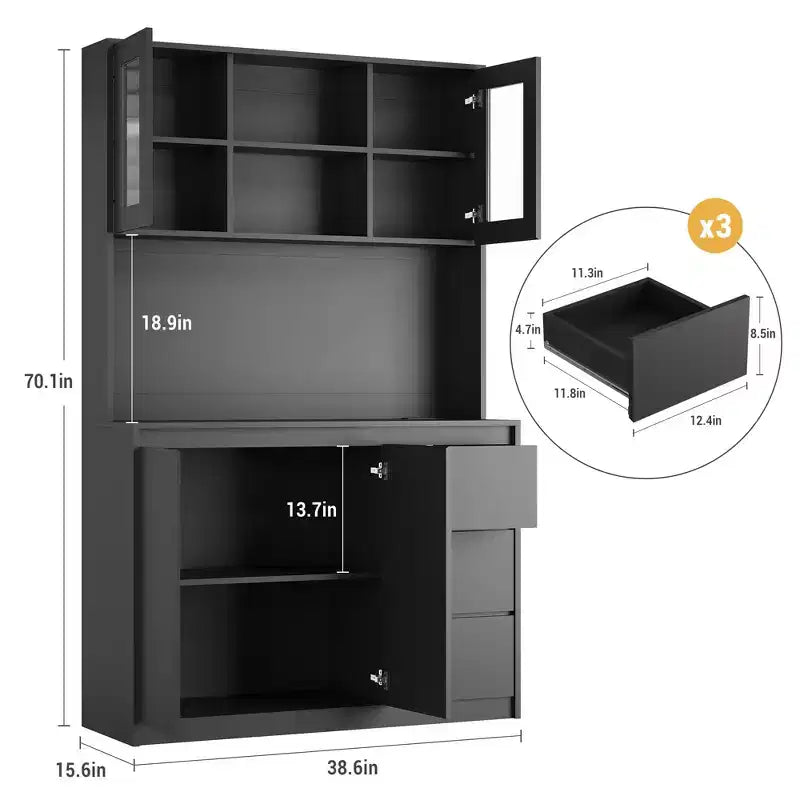 Meuble de Cuisine Whizmax avec Lumières LED et Station de Charge, Grand Placard de Rangement avec Plan de Travail, Armoire de Cuisine avec Tiroir et Portes Vitrées