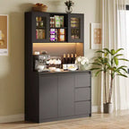 Meuble de Cuisine Whizmax avec Lumières LED et Station de Charge, Grand Placard de Rangement avec Plan de Travail, Armoire de Cuisine avec Tiroir et Portes Vitrées
