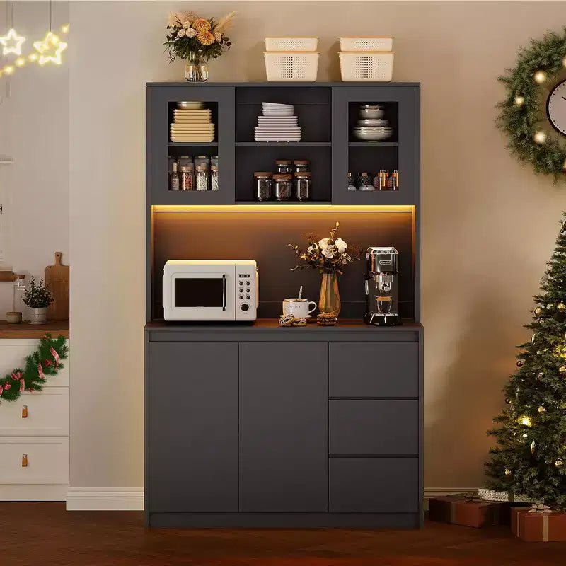 Meuble de Cuisine Whizmax avec Lumières LED et Station de Charge, Grand Placard de Rangement avec Plan de Travail, Armoire de Cuisine avec Tiroir et Portes Vitrées