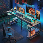 Bureau de jeu en L réversible Pinmoco 42 avec support d'écran, lumières LED, crochet pour casque et étagères de rangement, bureau à domicile