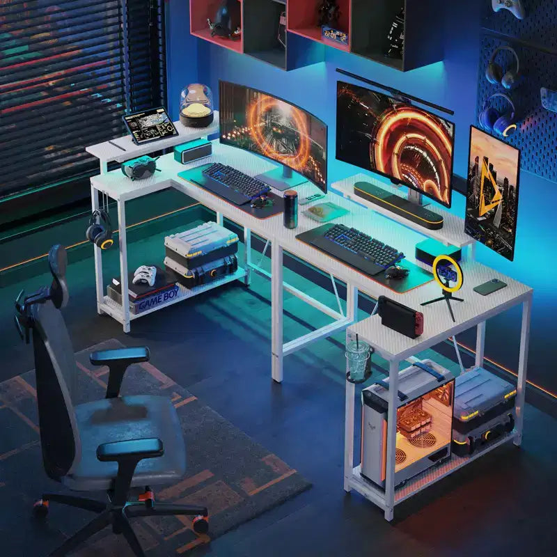 Bureau de jeu en L réversible Pinmoco 42 avec support d'écran, lumières LED, crochet pour casque et étagères de rangement, bureau à domicile