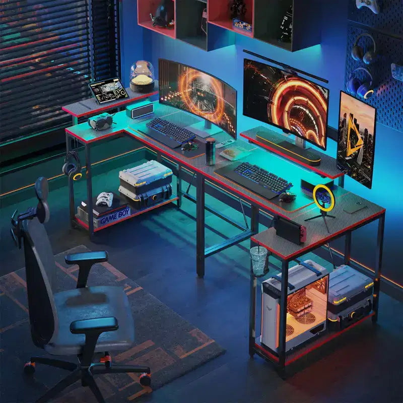 Bureau de jeu en L réversible Pinmoco 42 avec support d'écran, lumières LED, crochet pour casque et étagères de rangement, bureau à domicile