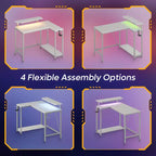 Bureau de jeu en L réversible Pinmoco 42 avec support d'écran, lumières LED, crochet pour casque et étagères de rangement, bureau à domicile