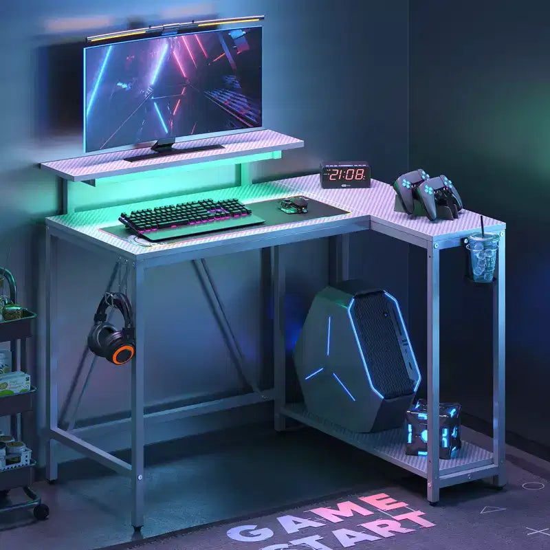 Bureau de jeu en L réversible Pinmoco 42 avec support d'écran, lumières LED, crochet pour casque et étagères de rangement, bureau à domicile