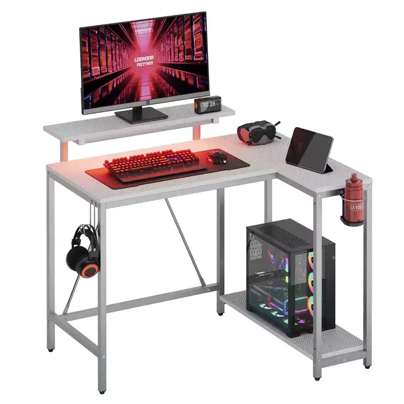 Bureau de jeu en L réversible Pinmoco 42 avec support d'écran, lumières LED, crochet pour casque et étagères de rangement, bureau à domicile