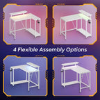 Bureau de jeu en L réversible Pinmoco 42 avec support d'écran, lumières LED, crochet pour casque et étagères de rangement, bureau à domicile