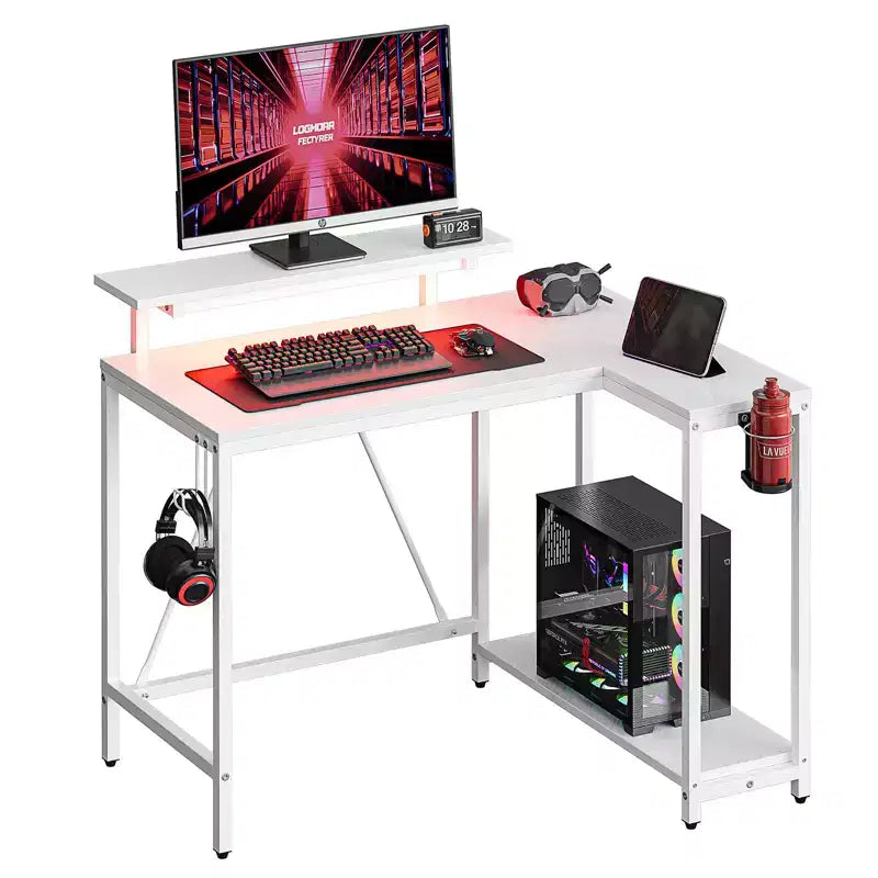 Bureau de jeu en L réversible Pinmoco 42 avec support d'écran, lumières LED, crochet pour casque et étagères de rangement, bureau à domicile