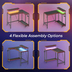 Bureau de jeu en L réversible Pinmoco 42 avec support d'écran, lumières LED, crochet pour casque et étagères de rangement, bureau à domicile