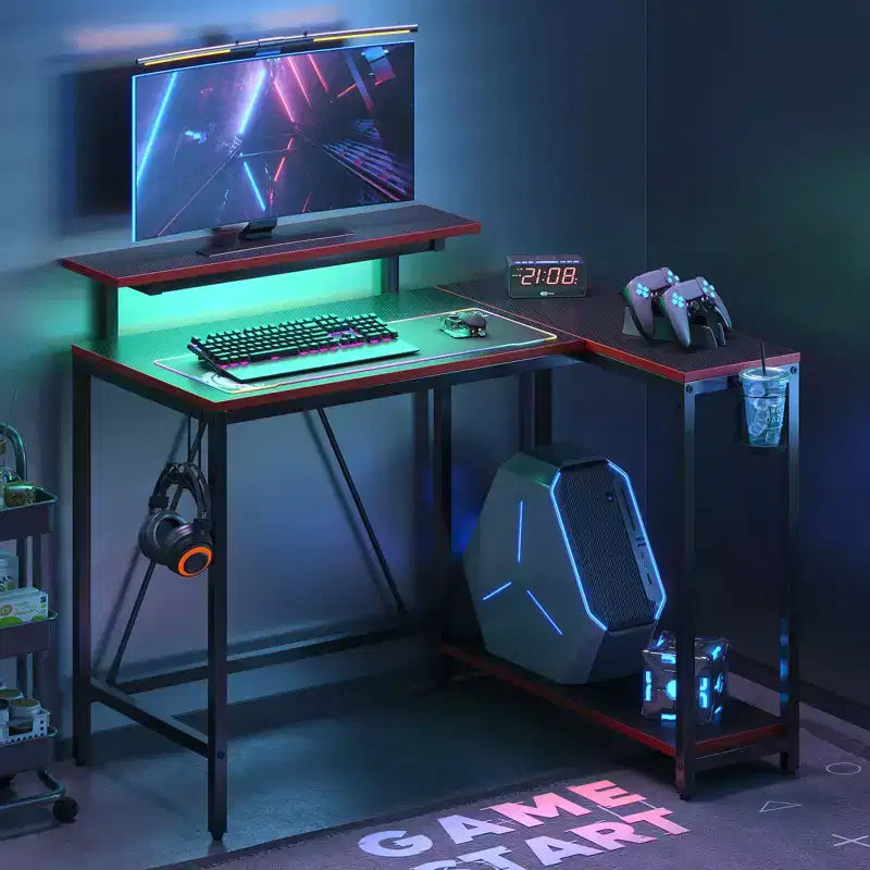 Bureau de jeu en L réversible Pinmoco 42 avec support d'écran, lumières LED, crochet pour casque et étagères de rangement, bureau à domicile