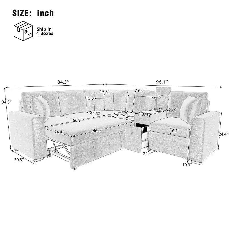 Canapé convertible modulaire en L de 306 cm avec lit gigogne, rangement et porte-gobelets. Canapé d'angle réversible pour salon moderne.