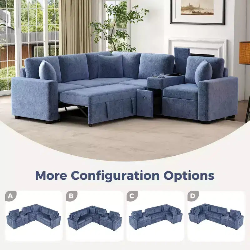 Canapé convertible modulaire en L de 306 cm avec lit gigogne, rangement et porte-gobelets. Canapé d'angle réversible pour salon moderne.