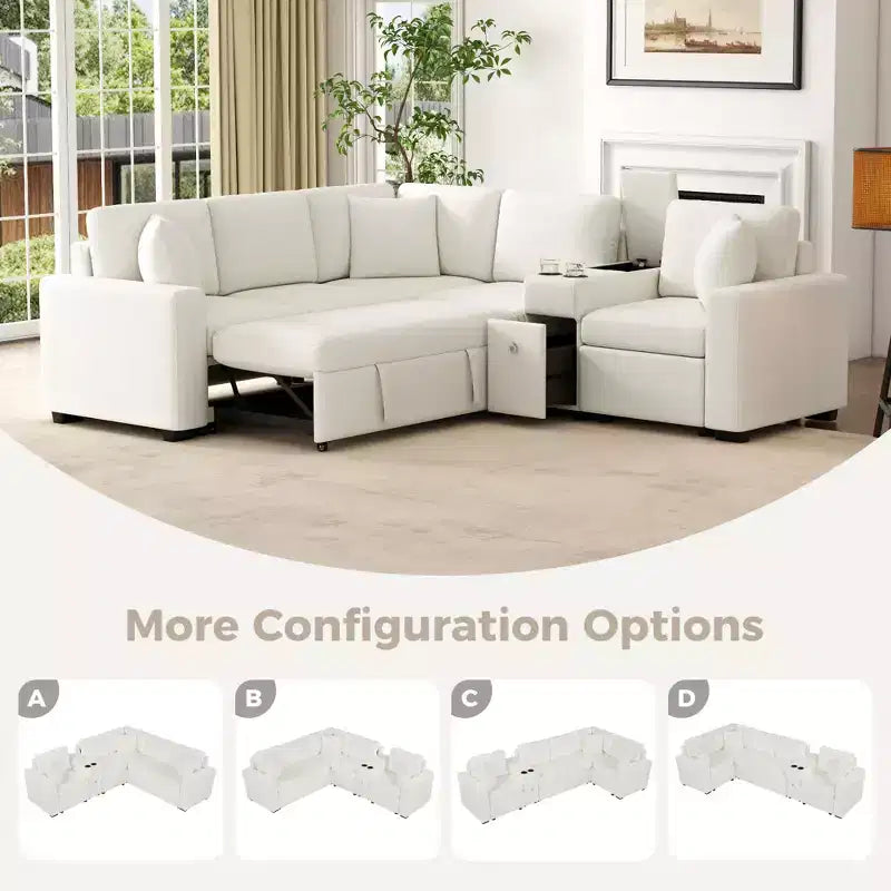 Canapé convertible modulaire en L de 306 cm avec lit gigogne, rangement et porte-gobelets. Canapé d'angle réversible pour salon moderne.