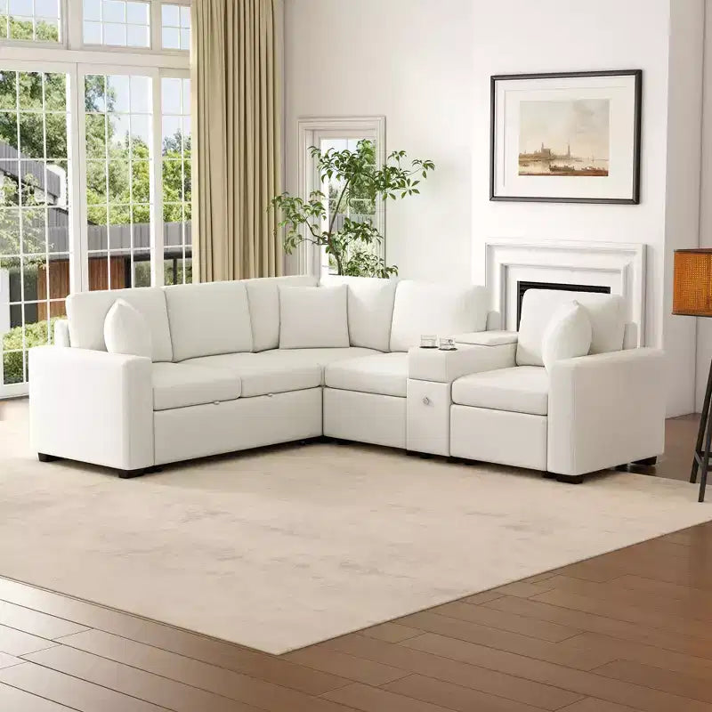Canapé convertible modulaire en L de 306 cm avec lit gigogne, rangement et porte-gobelets. Canapé d'angle réversible pour salon moderne.
