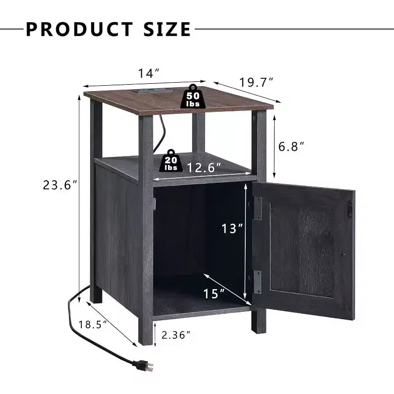 SinCiDo Lot de 2 tables de chevet de ferme avec station de recharge, tables d'appoint en bois avec porte de grange et étagères ouvertes pour chambre, salon