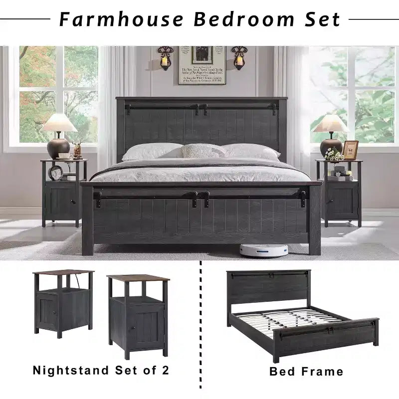 SinCiDo Lot de 2 tables de chevet de ferme avec station de recharge, tables d'appoint en bois avec porte de grange et étagères ouvertes pour chambre, salon
