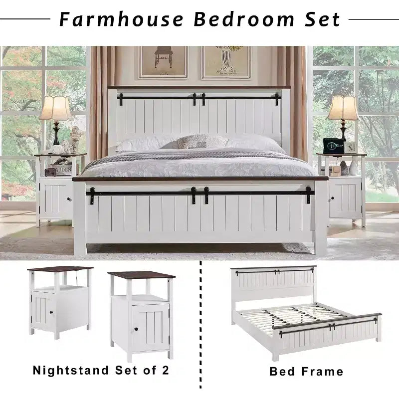 SinCiDo Lot de 2 tables de chevet de ferme avec station de recharge, tables d'appoint en bois avec porte de grange et étagères ouvertes pour chambre, salon
