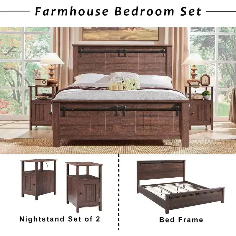 SinCiDo Lot de 2 tables de chevet de ferme avec station de recharge, tables d'appoint en bois avec porte de grange et étagères ouvertes pour chambre, salon