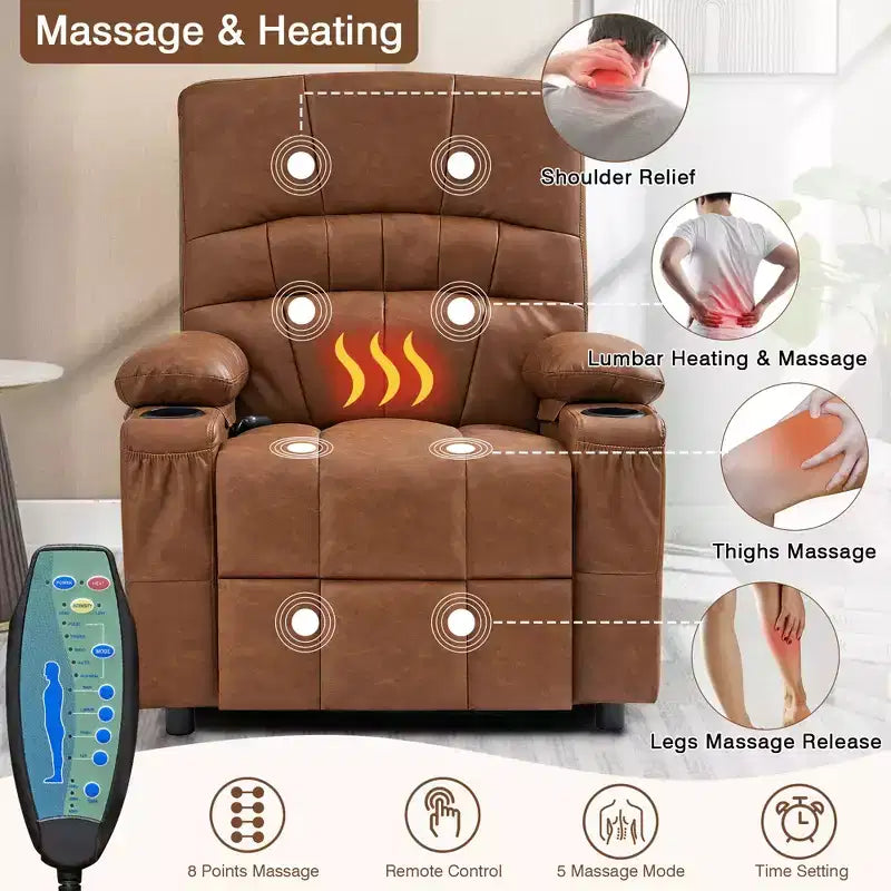 Fauteuil inclinable électrique VECELO avec fonctions de massage et de chaleur, fauteuil de massage en cuir PU rembourré, fauteuil à bascule électrique 35 positions pour salon