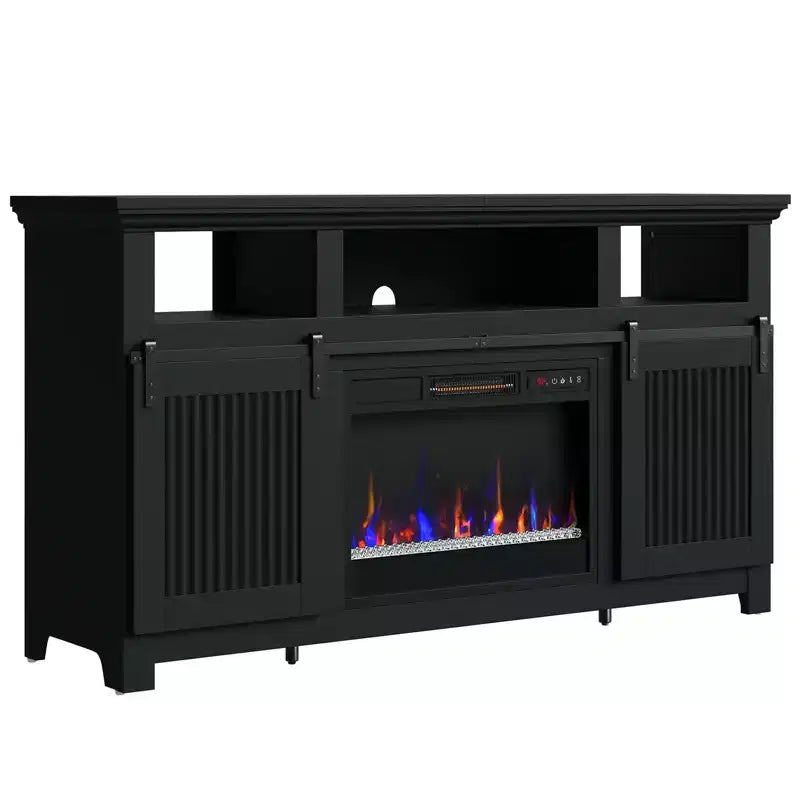 Meuble TV Bestier 61 avec cheminée pour téléviseurs jusqu'à 65 pouces, centre de divertissement style ferme avec portes de grange et cheminée électrique de 23 pouces télécommandée
