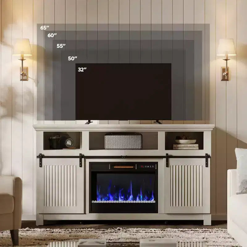 Meuble TV Bestier 61 avec cheminée pour téléviseurs jusqu'à 65 pouces, centre de divertissement style ferme avec portes de grange et cheminée électrique de 23 pouces télécommandée