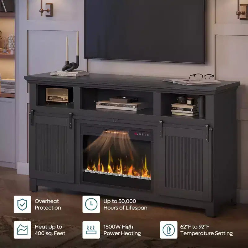 Meuble TV Bestier 61 avec cheminée pour téléviseurs jusqu'à 65 pouces, centre de divertissement style ferme avec portes de grange et cheminée électrique de 23 pouces télécommandée