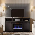 Meuble TV Bestier 61 avec cheminée pour téléviseurs jusqu'à 65 pouces, centre de divertissement style ferme avec portes de grange et cheminée électrique de 23 pouces télécommandée