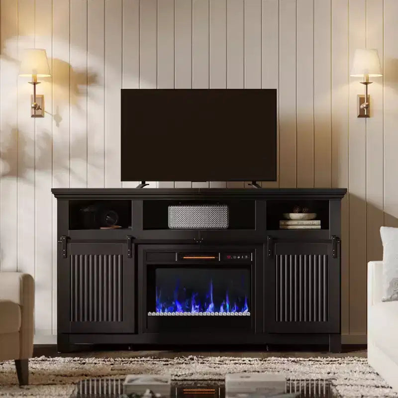Meuble TV Bestier 61 avec cheminée pour téléviseurs jusqu'à 65 pouces, centre de divertissement style ferme avec portes de grange et cheminée électrique de 23 pouces télécommandée
