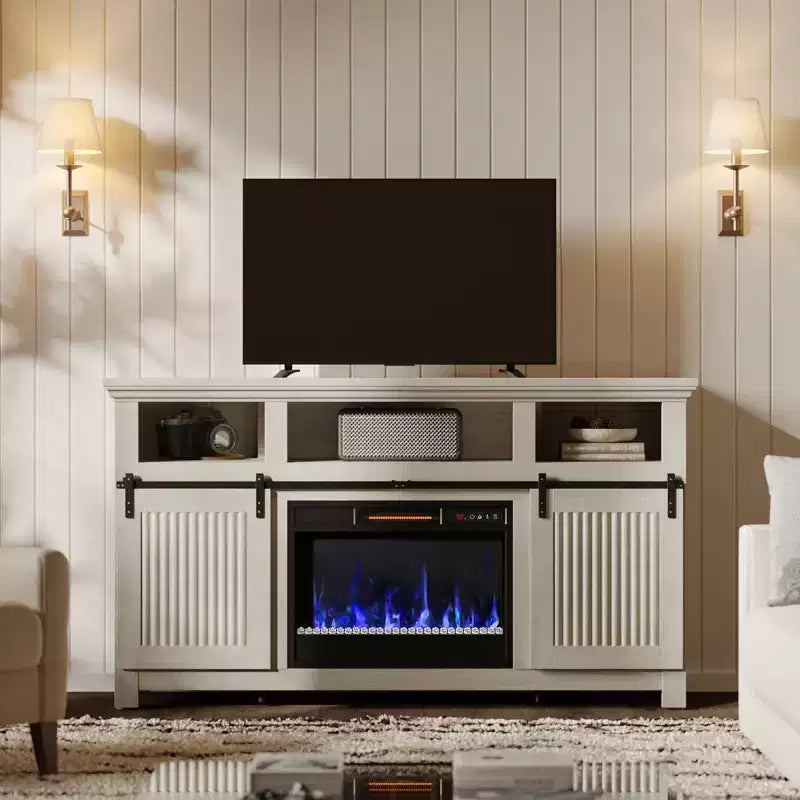 Meuble TV Bestier 61 avec cheminée pour téléviseurs jusqu'à 65 pouces, centre de divertissement style ferme avec portes de grange et cheminée électrique de 23 pouces télécommandée