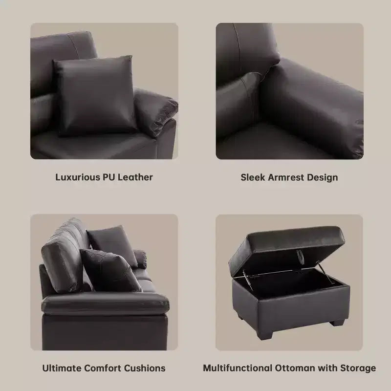 Canapé et causeuse en similicuir avec banc de rangement ottoman, canapé grand confort pour salon, salle de détente - Morden Fort
