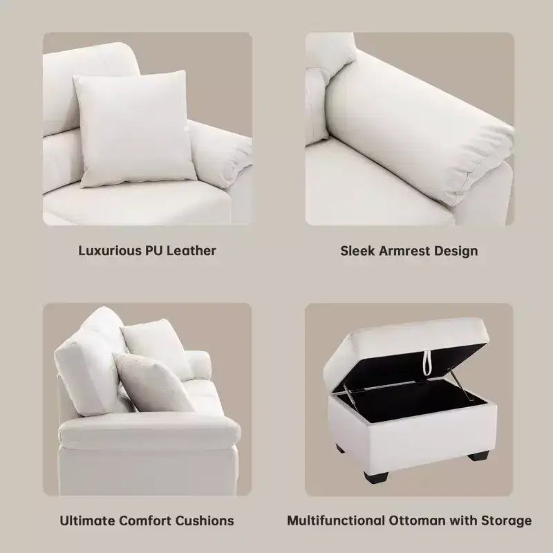 Canapé et causeuse en similicuir avec banc de rangement ottoman, canapé grand confort pour salon, salle de détente - Morden Fort