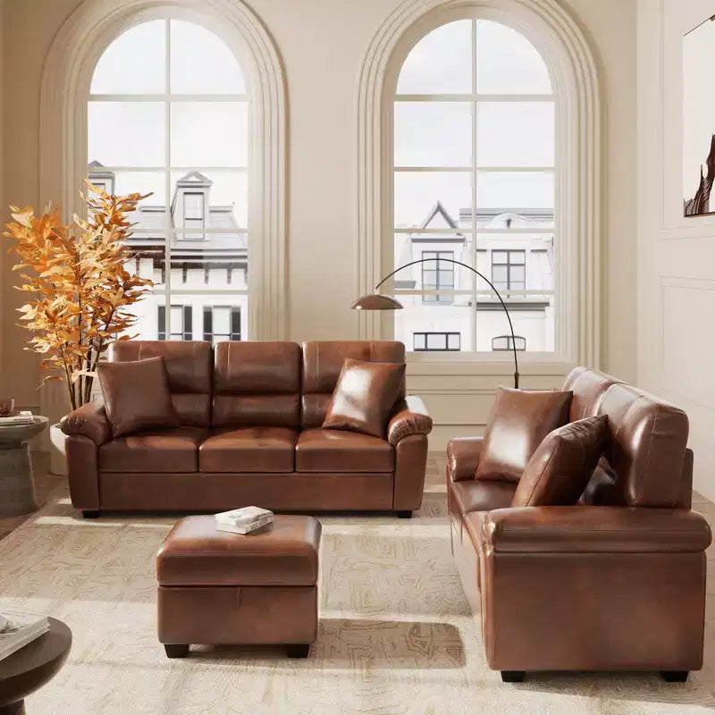 Faux Leather Sofa and Loveseat with Storage Ottoman Bench,Ultimate Comfort Couch for Living Room,Lounge Room-Morden Fort