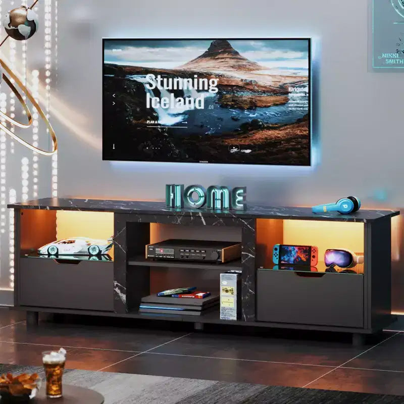 Meuble TV Bestier 178 cm avec lumières LED, centre de divertissement pour téléviseurs jusqu'à 75 pouces, console TV avec tiroirs et étagères réglables