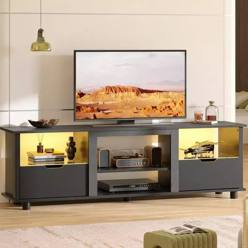 Meuble TV Bestier 178 cm avec lumières LED, centre de divertissement pour téléviseurs jusqu'à 75 pouces, console TV avec tiroirs et étagères réglables