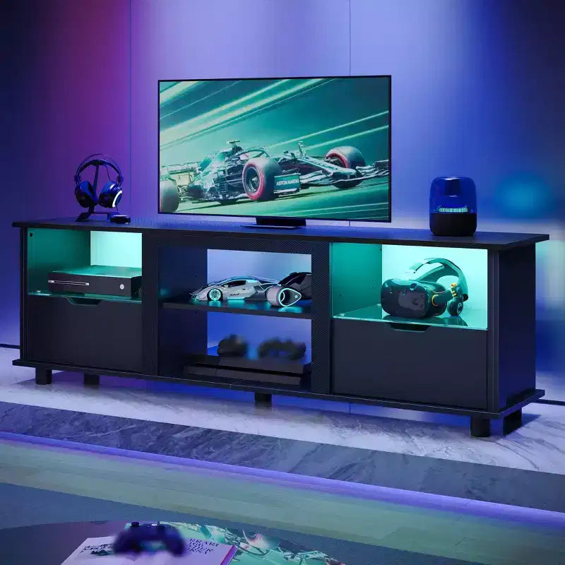 Meuble TV Bestier 178 cm avec lumières LED, centre de divertissement pour téléviseurs jusqu'à 75 pouces, console TV avec tiroirs et étagères réglables