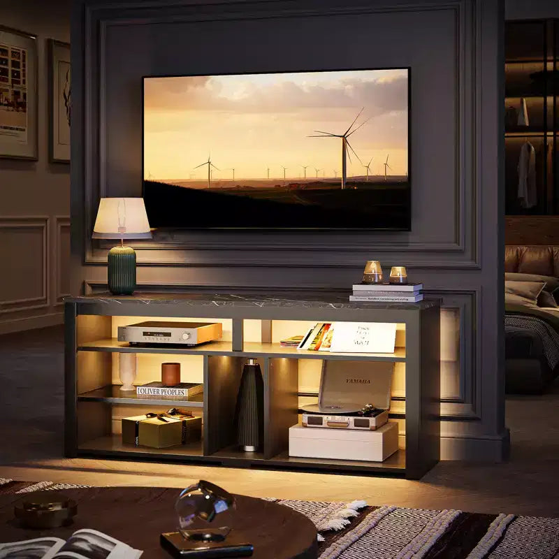 Meuble TV haut Bestier, meuble TV 55 LED pour téléviseurs jusqu'à 65 pouces, console TV de jeu avec rangement pour PS5, meuble média avec étagères réglables