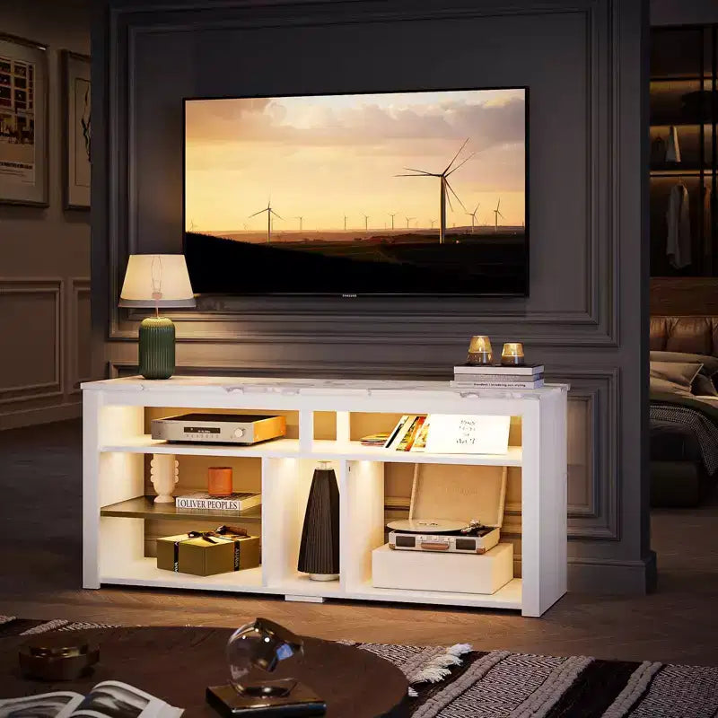 Meuble TV haut Bestier, meuble TV 55 LED pour téléviseurs jusqu'à 65 pouces, console TV de jeu avec rangement pour PS5, meuble média avec étagères réglables
