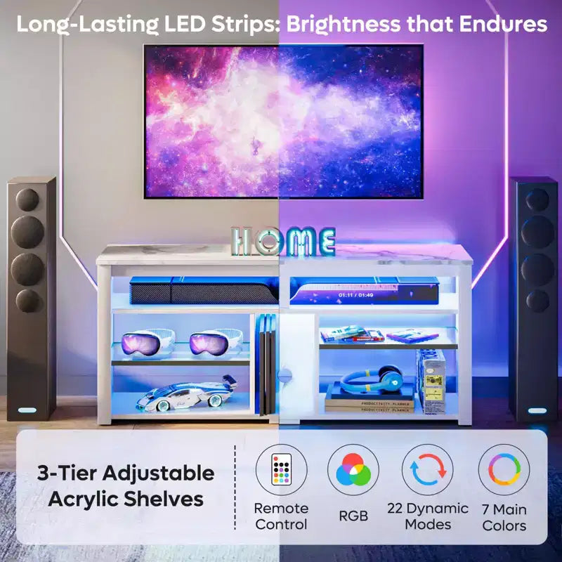 Meuble TV haut Bestier, meuble TV 55 LED pour téléviseurs jusqu'à 65 pouces, console TV de jeu avec rangement pour PS5, meuble média avec étagères réglables